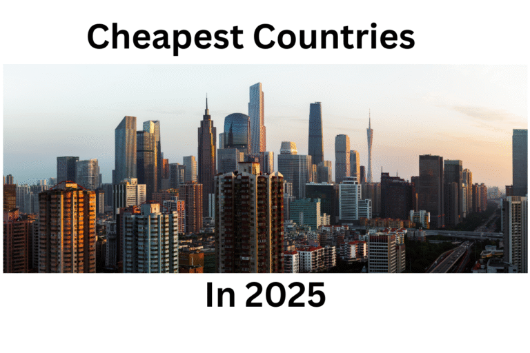 Modern city skyline at sunrise or sunset with high-rise buildings and skyscrapers, overlaid with the text "Cheapest Countries in 2025"