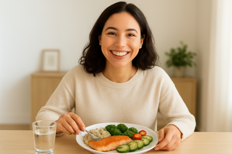 Smiling young woman enjoying a healthy meal with salmon, quinoa, and vegetables at a cozy dining table.