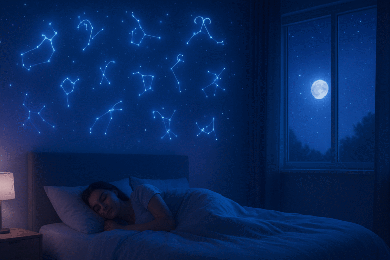Person peacefully sleeping under zodiac constellations glowing in the night sky.