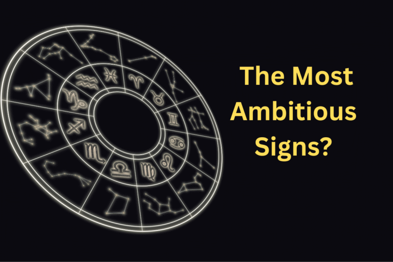 Glowing zodiac wheel with twelve astrological signs and bold text asking “The Most Ambitious Signs?”