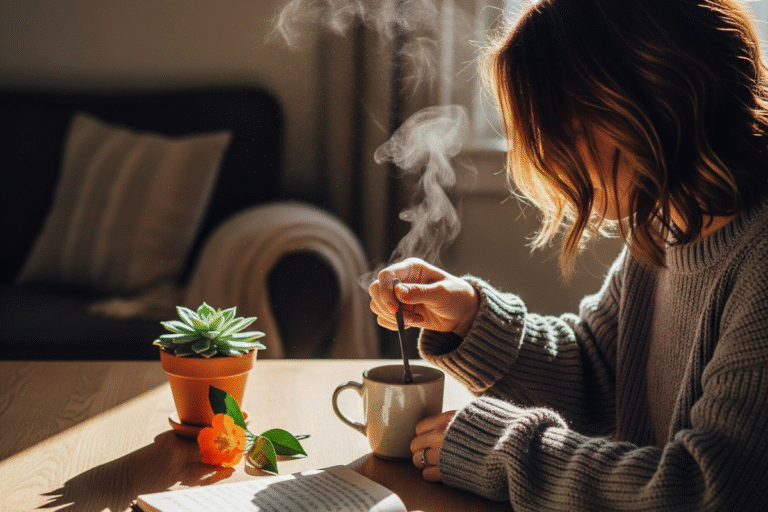 A person stirring a steaming mug of coffee or tea with an open book and a small plant on a sunlit wooden table.