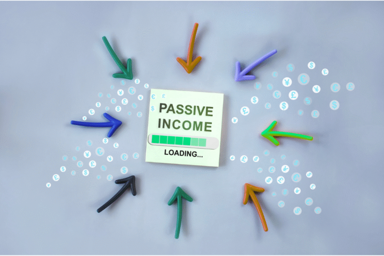 A central note reads "PASSIVE INCOME LOADING..." with a green progress bar, surrounded by colorful arrows pointing inward and bubbles with different currency symbols like the dollar, euro, and pound.