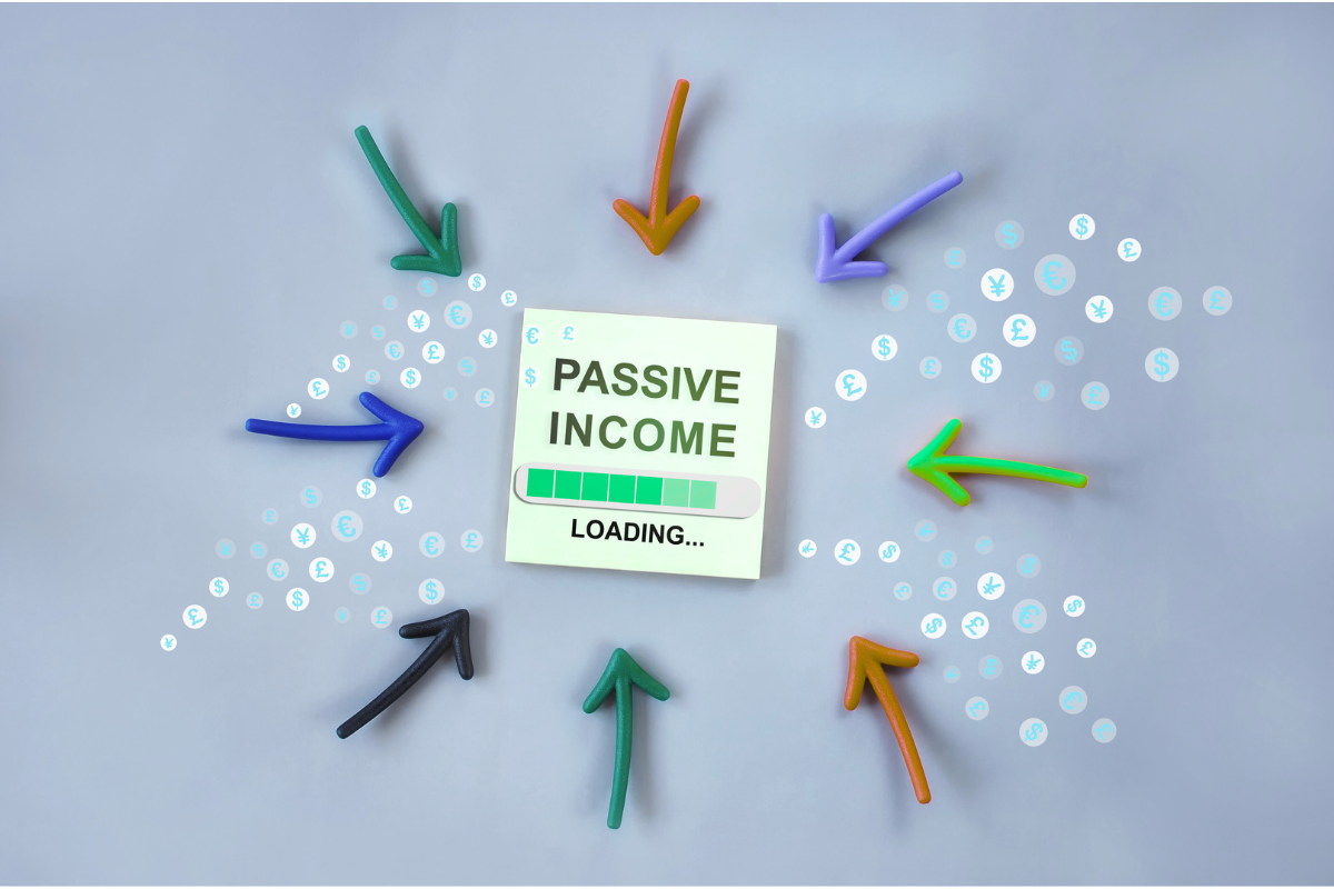 A central note reads "PASSIVE INCOME LOADING..." with a green progress bar, surrounded by colorful arrows pointing inward and bubbles with different currency symbols like the dollar, euro, and pound.