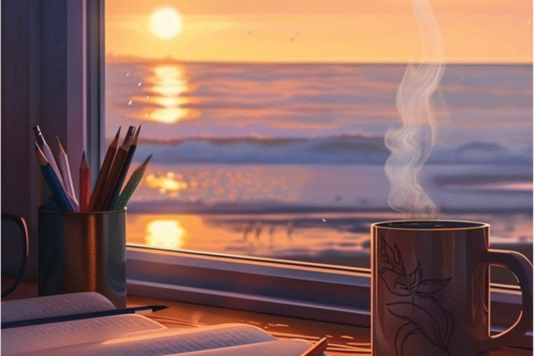 A steaming cup of coffee on a desk by the window, overlooking a peaceful sunrise at the beach with notebooks and pencils nearby.