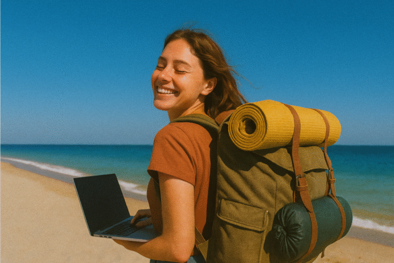 Modern coworking space with digital nomads working on laptops in her travelling, 2025 lifestyle. Title: